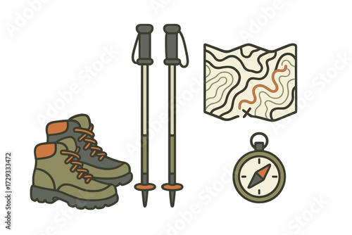Collection of essential hiking gear: boots, trekking poles, topographic map, and compass for outdoor adventure and navigation