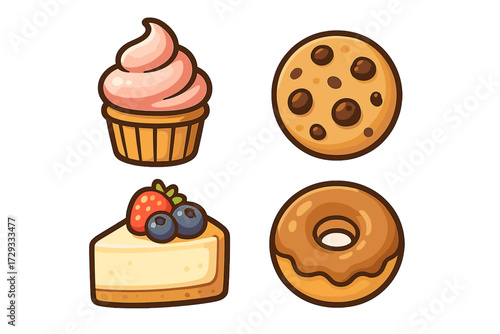 Delicious collection of various sweet baked goods and desserts featuring a cupcake, chocolate chip cookie, cheesecake slice, and glazed donut