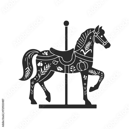Decorative carousel horse with floral patterns and saddle illustration