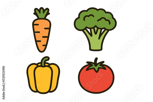Colorful collection of fresh healthy vegetables including carrot broccoli bell pepper and tomato icons set