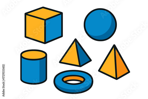 Fundamental three dimensional geometric shapes and basic forms including cube, cylinder, sphere, and pyramid for educational content and design projects
