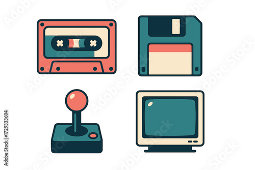 Vintage technology icons set with retro cassette tape, floppy disk, classic joystick, and old computer monitor