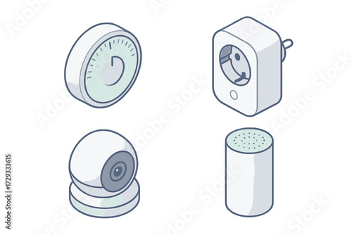 Smart home technology devices set with security camera, smart plug, speaker, and thermostat in isometric view