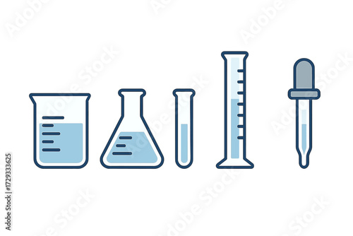 Essential laboratory glassware set with beaker, flask, test tube, graduated cylinder, and dropper for scientific experiments