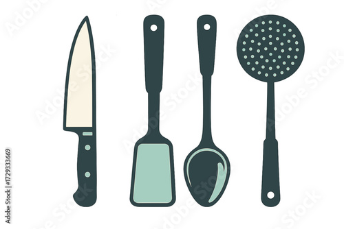 Set of essential kitchen utensils including a chef's knife, spatula, spoon, and skimmer for cooking