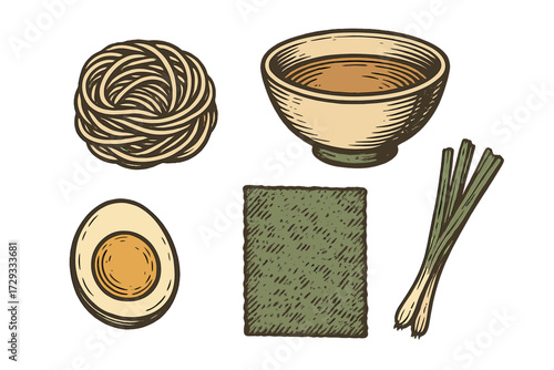 Traditional Japanese ramen noodle soup ingredients set with noodles, broth, egg, seaweed, and green onions