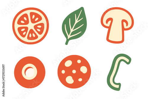 Collection of stylized food ingredients for cooking, pizza, and Italian cuisine design elements including tomato, basil, mushroom, olive, pepperoni, and pepper