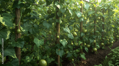 Fruitful Trellis Row with Green Round Fruits in Sunny Farm
