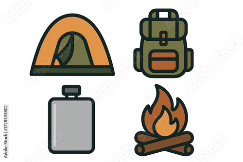 Essential camping and outdoor adventure equipment icons set including tent backpack flask and campfire