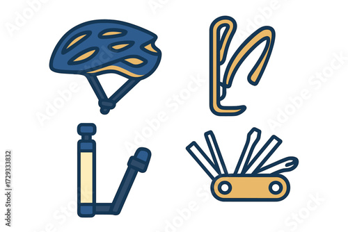 Cycling gear for bike maintenance and safety, featuring helmet, water bottle cage, pump, and multi-tool