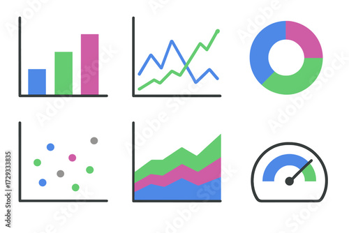 Collection of colorful business data charts and graphs for financial analysis and market research presentation