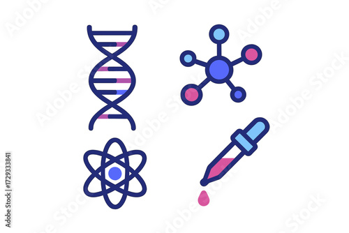 Collection of scientific research and laboratory icons featuring DNA, molecular structure, atomic model, and a dropper