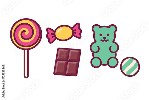 Colorful assortment of sweet treats including a spiral lollipop, wrapped candy, chocolate bar, and gummy bear