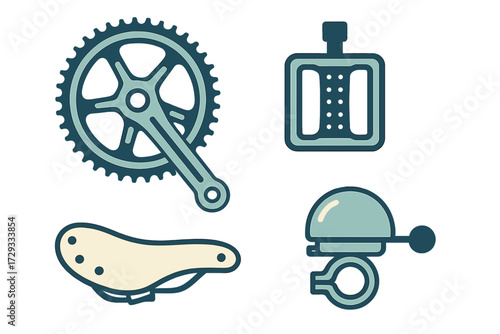 Collection of essential bicycle parts and accessories including a crankset, pedal, saddle, and bell, depicted with a clean and modern design