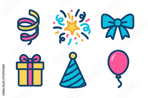 Vibrant celebration party elements set with festive confetti, gift box, balloon, streamer, and bow for joyful events