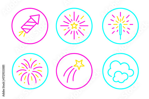 Vibrant neon outline icons for festive celebrations, including fireworks, sparklers, shooting stars, and party elements