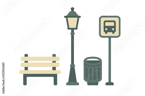 Public park and street furniture set with a comfortable bench, traditional lamppost, waste bin, and a clear bus stop sign