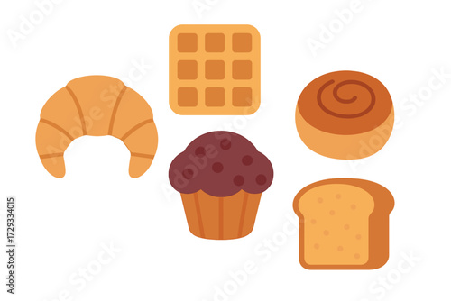 Assortment of popular breakfast pastries and baked goods including croissant waffle muffin cinnamon roll and bread
