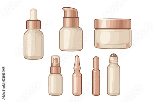 Empty cosmetic product containers: dropper, pump, spray bottles, jars, ampoules for beauty, skincare, personal care packaging