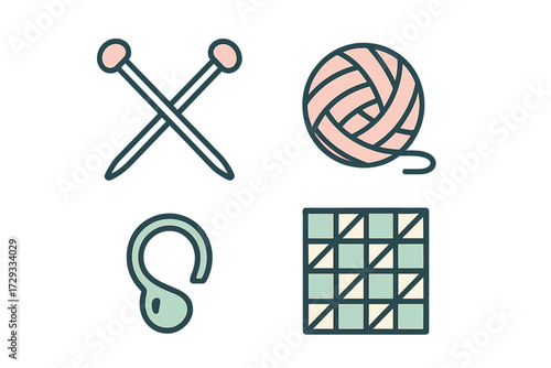 Various crafting supplies and tools featuring knitting needles yarn ball crochet hook and geometric quilt pattern