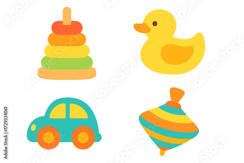 Assortment of colorful classic children's playthings including a stacking toy, rubber duck, car, and spinning top