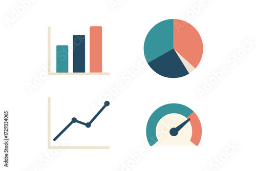 Business data visualization elements with bar chart, pie chart, line graph, and speedometer gauge