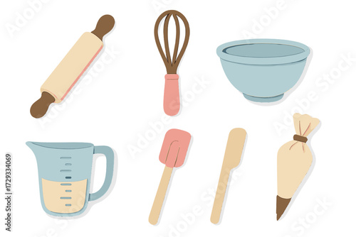 Essential kitchen baking and cooking tools set including whisk, mixing bowl, rolling pin, measuring cup, spatula, and piping bag
