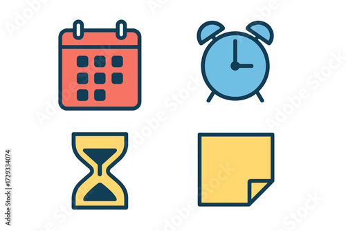 Time management and scheduling icons including calendar, alarm clock, hourglass, and sticky note