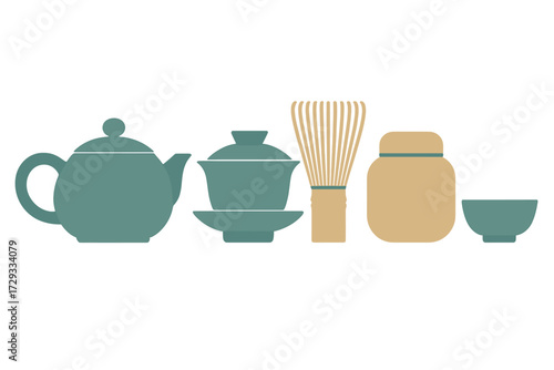 Traditional Japanese tea ceremony utensils and accessories, including teapot, gaiwan, matcha whisk, tea caddy, and tea bowl, for a serene tea ritual