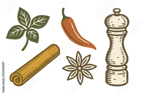 Stylized set of cooking ingredients featuring fresh basil, chili pepper, cinnamon stick, star anise, and a pepper grinder