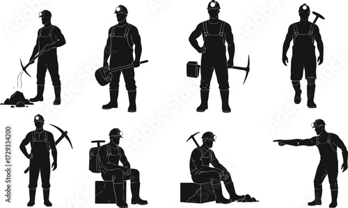 Silhouette collection of miners and hard hat workers in various poses, including digging, standing, and sitting for mining and labor concepts