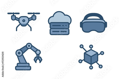 Modern technology and innovation symbols featuring drone, cloud computing, virtual reality, robotic arm, and data network