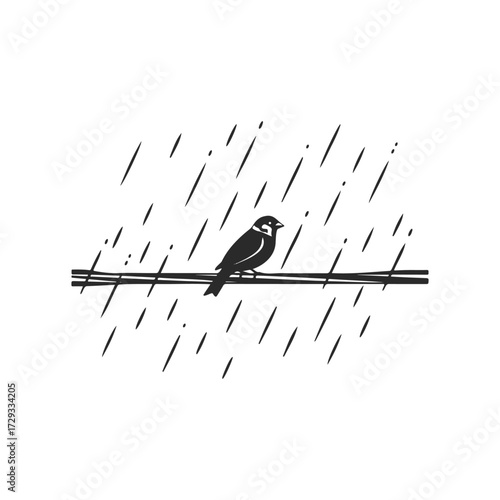 Minimalist bird silhouette on wire in rainy scene