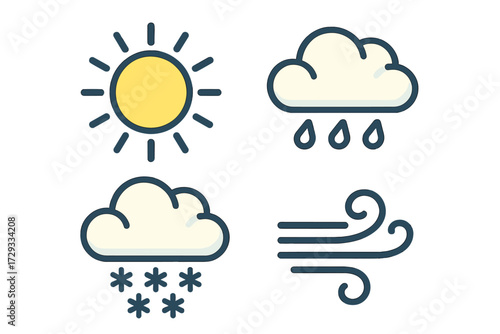 Set of simple weather forecast icons showing sunny, rainy, snowy, and windy atmospheric conditions
