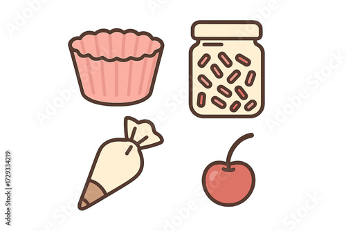 Collection of baking and confectionery elements including cupcake wrapper, sprinkles, icing bag, and fresh cherry