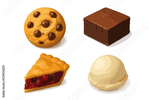 Classic desserts assortment featuring chocolate chip cookie, brownie, cherry pie slice, and vanilla ice cream scoop
