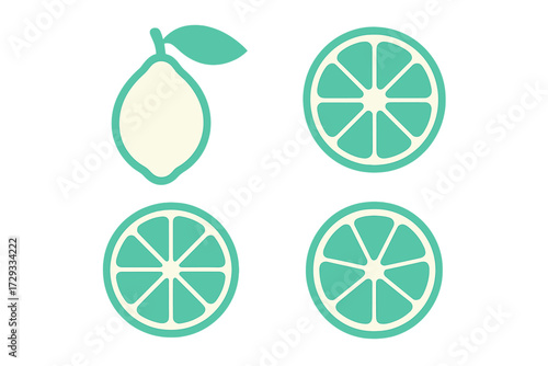 Vibrant stylized lime fruit and fresh citrus slices with a leaf, showcasing a clean and minimalist design on a white background
