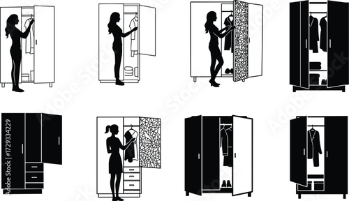 Silhouette vector illustration of person organizing wardrobe closet, arranging clothes, storage furniture design, home organization concept, lifestyle interior, clothing management