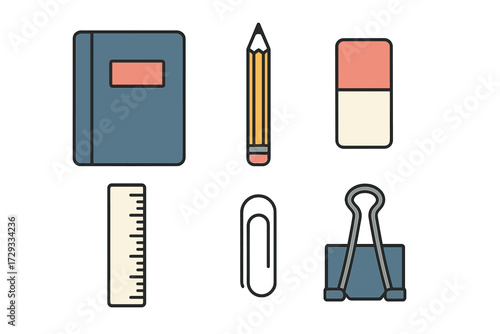 Everyday stationery objects for education and professional work including notebook pencil eraser ruler paperclip binder clip