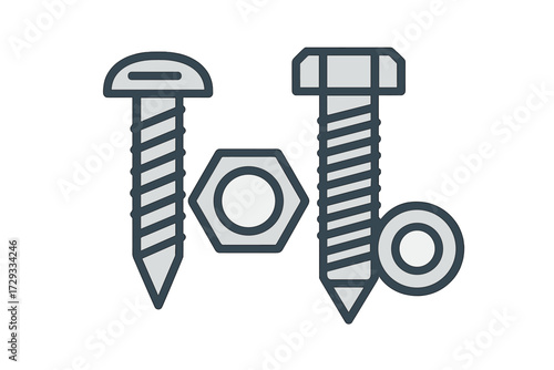 Collection of essential metal hardware fasteners featuring two distinct screws, a hexagonal nut, and a round washer