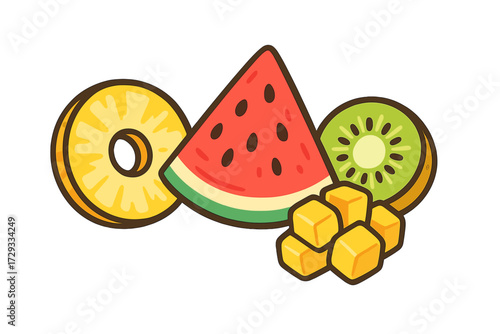 Delicious and refreshing tropical fruit medley featuring pineapple, watermelon, kiwi slices, and diced mango