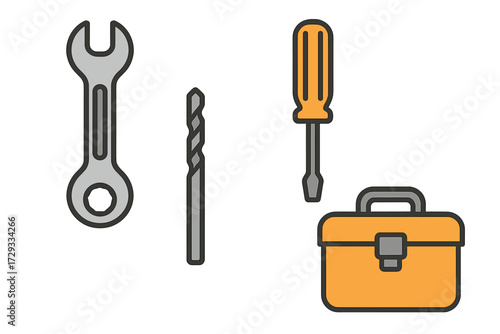 Essential hand tools assortment with wrench, screwdriver, drill bit, and toolbox for repair and construction