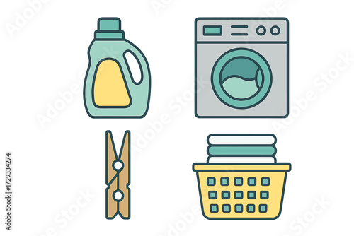 Household laundry items including washing machine, detergent bottle, clothespin, and clothes basket