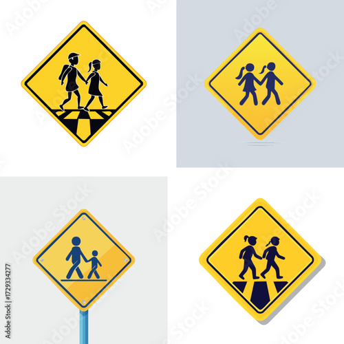 Children crossing signs warning pedestrians of potential hazards on roads.
