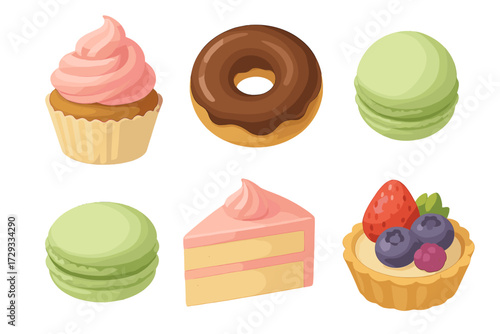 Delicious and colorful variety of sweet baked goods and pastries including cupcakes donuts macarons cake slice and fruit tart