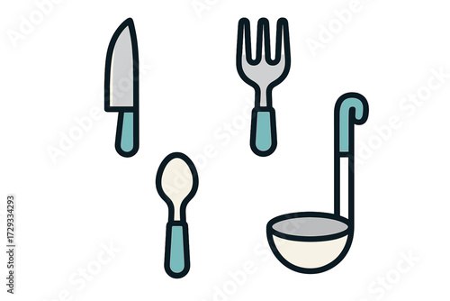 Essential kitchen cutlery set featuring a knife, fork, spoon, and ladle for cooking and dining activities