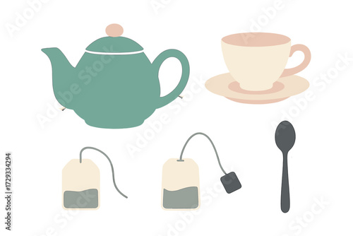 Stylish tea time essentials set with a teapot teacup saucer tea bags and spoon for a relaxing hot drink