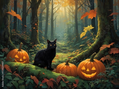 Elegant black cat surrounded by floating pumpkin lanterns.