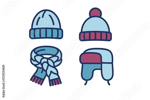 Selection of comfortable winter headwear and neckwear including beanies, pom-pom hat, ear flap hat, and a cozy scarf