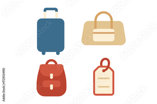 Modern travel luggage and essential accessories including rolling suitcase, duffel bag, backpack, and baggage tag